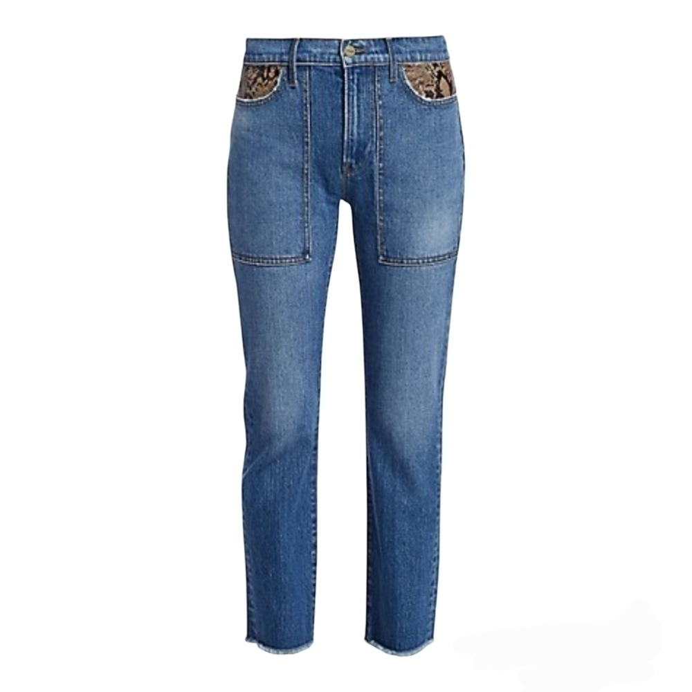 Frame Le High Straight Python Print Leather Patch… - image 5